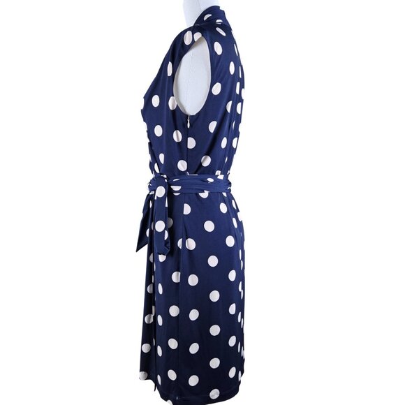 Eliza J Polka Dot Jersey Faux Wrap Dress Size 8 Fully Lined Belt Navy Blue Cream - Picture 5 of 11